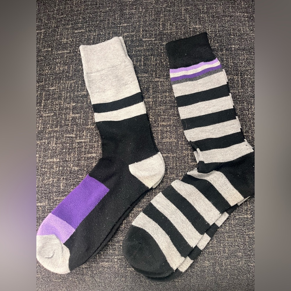 Striped Black and Gray Socks with Purple Accents